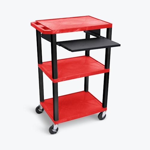 Luxor 42&quot;H 3-Shelf Utility Cart - Pullout Shelf, Red Shelves, Black Legs - UCPL1PSR-B
