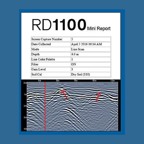 Mini report from the Radiodetection RD100 ground penetrating radar system.