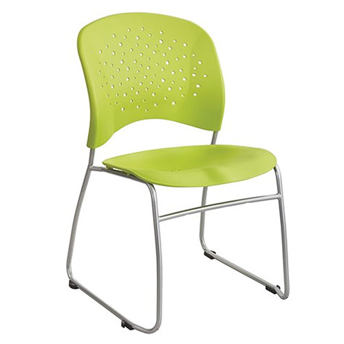 Photograph of Safco Reve Guest Chair Sled Base Round Back (Qty. 2) - (Green) 6804GN Safco Reve Guest Chair Sled Base Round Back (Qty. 2) - (4 Colors Available) is a Latte, sled base chair with a silver frame and rounded back for added lumbar support and the ganging connector glides can attach to join multiple seating.