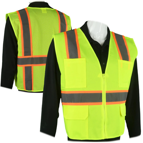  Custom Safety USA Class 2 Type R Hi-Vis Yellow Mesh Custom Safety Vest with Contrasting Silver on Orange Background Trim - (5 Sizes Available)