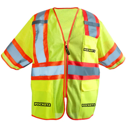  Custom Safety USA Custom ANSI Class 3 Hi-Vis Two-Tone Mesh Safety Vest - Reflective, 5 Pockets, Zipper, Yellow - (7 Sizes Available)