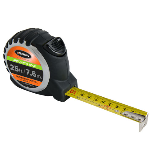  Keson 25 ft/7.6m Autolock Short Tape - Feet, Inches, 10ths, 100ths, and Metric - PG10M25AL