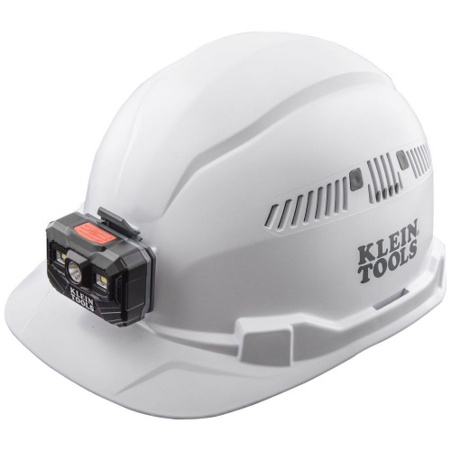 Klein Tools Hard Hat, Vented, Cap Style with Rechargeable Headlamp, White - 60113RL