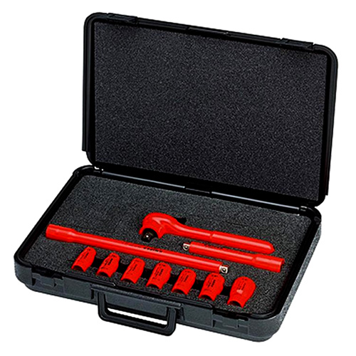  Knipex 10-Pieces Safety Compact Socket Tool Set - 3/8&quot; Drive SAE - 1000V Insulated (98 99 11 S3)