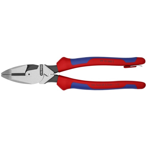 Knipex 9 1/2" High Leverage Lineman's Pliers New England with Tape Puller &amp; Crimper-Tethered Attachment - 09 12 240 T BKA