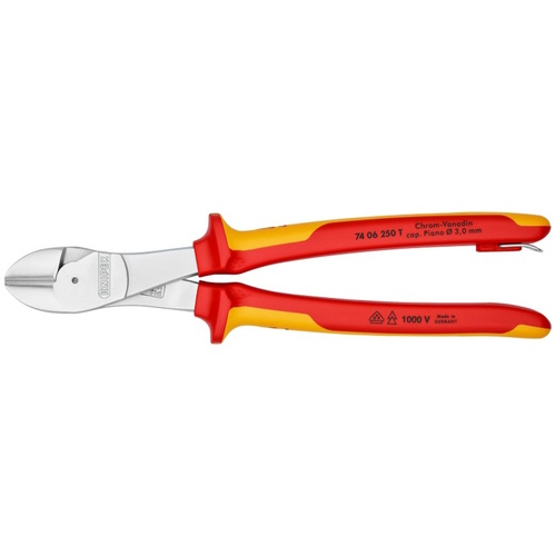 Knipex 10" High Leverage Diagonal Cutters-1000V Insulated-Tethered Attachment - 74 06 250 T