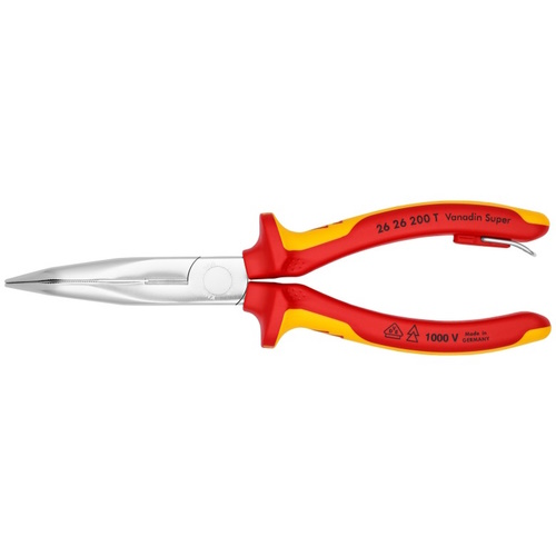 Knipex 8" Long Nose 40° Angled Pliers with Cutter-1000V Insulated-Tethered Attachment - 26 26 200 T