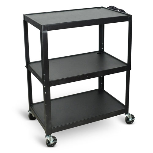 Luxor Extra-Large Adjustable-Height Electric Steel AV Cart - Three Shelves - Black - AVJ42XL