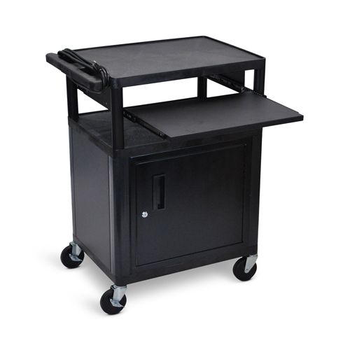  Luxor AV Cart - Three Shelves with Cabinet and Front Pullout Shelf - Black - LP34CLE-B