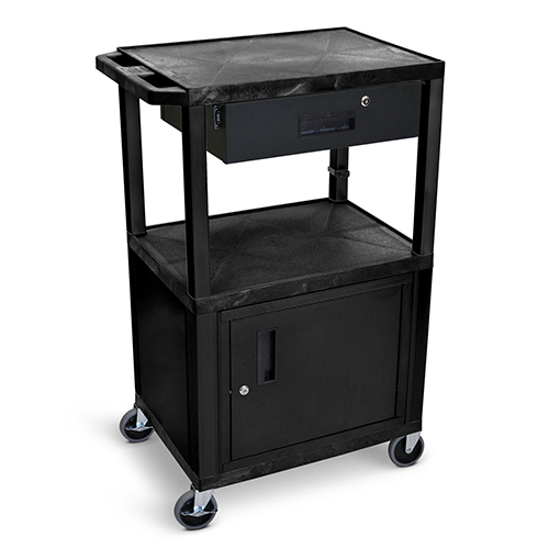  Luxor 42"H AV Cart - Three Shelves with Cabinet and Drawer - Black - WT42C2-B/WTD
