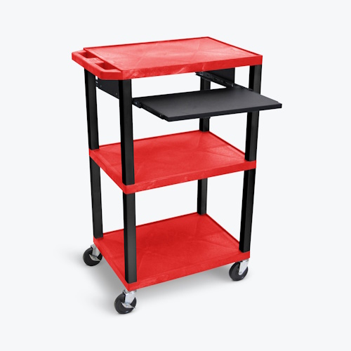 Luxor 42"H 3-Shelf Utility Cart - Pullout Shelf, Red Shelves, Black Legs - UCPL1PSR-B