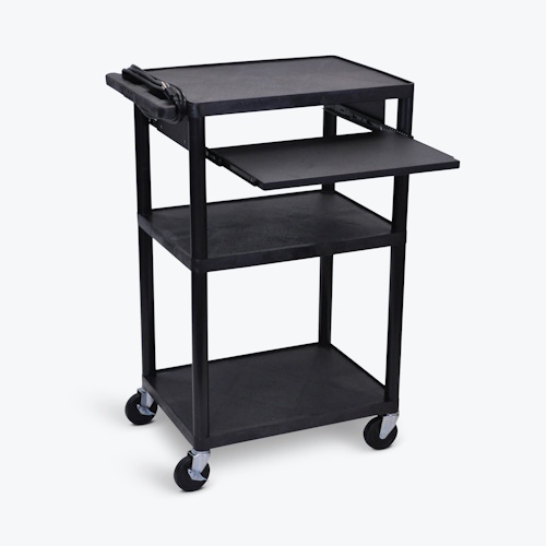 Luxor 42&quot;H Utility Cart - Three Shelves, Electric, Pullout Shelf, Black - UCPL2LE-B