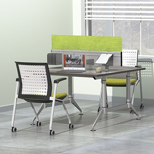 Photograph of the Safco EVEN, Painted Steel Paper Holder/Shelf, Silver - LDFH2 easily attaches to the EVEN Slat Wall Divider with a convenient hook and allows for support of phones, tablets or other devices.