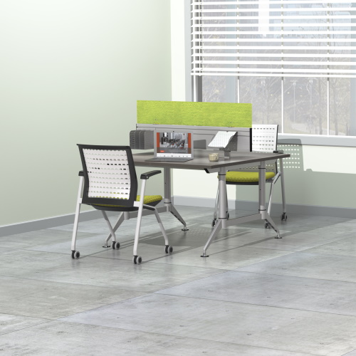 Photograph of the Safco EVEN, 48" Slatwall Topper Panel, made for use with EVEN™ Worktables which Create privacy or extra style.