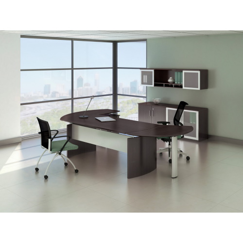 Photograph of the Safco Medina Curved Desk Extension combines Italian-influenced designs, style, and durability.