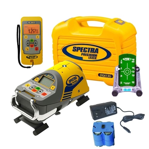 Spectra Precision DG613G Green Beam Laser, 1248 Trivate Plate 8 inch (200mm), RC803 IR/Radio Remote Control, 956G Target, NiMH Battery Pack and Charger - DG613G