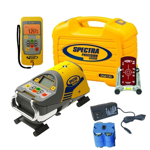 Spectra Precision DG613G Green Beam Laser, 1248 Trivate Plate 8 inch (200mm), RC803 IR/Radio Remote Control, 956G Target, NiMH Battery Pack and Charger - DG613G