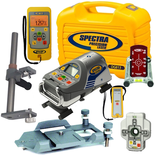 Spectra Precision DG813 Laser, 1230 Large Invert Plate, 1239 Vertical Pole, RC803, SF803, ST805, 956 Target, NiMH Battery Pack and Charger - DG813-5
