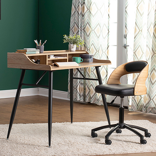 Photograph of Studio Designs Woodford 45” Wide Modern Secretary Writing, Desk With Low Storage Hutch - Black Metal Tapered Legs and Ashwood Top - 51260