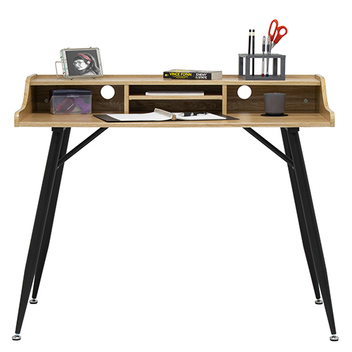 Photograph of Studio Designs Woodford 45” Wide Modern Secretary Writing, Desk With Low Storage Hutch - Black Metal Tapered Legs and Ashwood Top - 51260