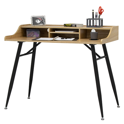 Photograph of Studio Designs Woodford 45” Wide Modern Secretary Writing, Desk With Low Storage Hutch - Black Metal Tapered Legs and Ashwood Top - 51260