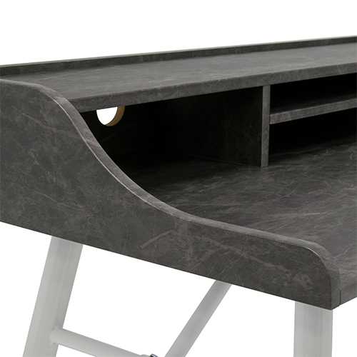 Photograph of Studio Designs Woodford 45” Wide Modern Secretary Writing Desk With Low Storage Hutch - White Metal Tapered Legs and Marbled Dark Grey Top - 51261