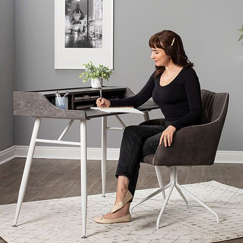 Photograph of Studio Designs Woodford 45” Wide Modern Secretary Writing Desk With Low Storage Hutch - White Metal Tapered Legs and Marbled Dark Grey Top - 51261