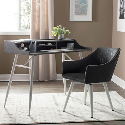 Photograph of Studio Designs Woodford 45” Wide Modern Secretary Writing Desk With Low Storage Hutch - White Metal Tapered Legs and Marbled Dark Grey Top - 51261