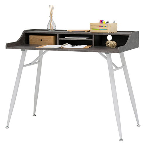 Photograph of Studio Designs Woodford 45” Wide Modern Secretary Writing Desk With Low Storage Hutch - White Metal Tapered Legs and Marbled Dark Grey Top - 51261