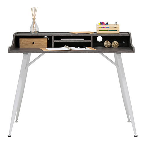 Photograph of Studio Designs Woodford 45” Wide Modern Secretary Writing Desk With Low Storage Hutch - White Metal Tapered Legs and Marbled Dark Grey Top - 51261