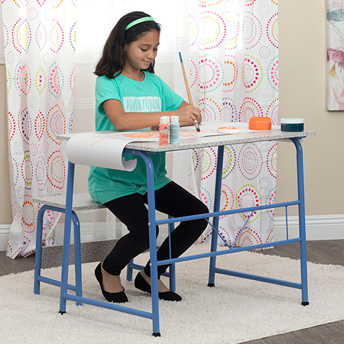 Photograph of Studio Designs 2 Piece Project Center Includes Art Table With Paper Roll And Bench - Blue and Spatter Gray - 55126