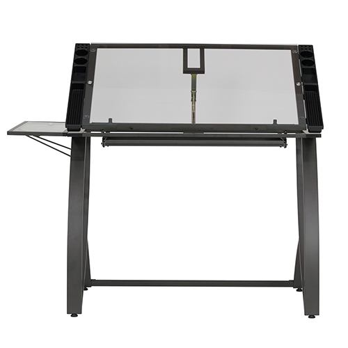 Photograph of Studio Designs Futura Luxe Drawing and Craft Table With Drawer and Folding Side Shelf - Pewter Grey and Clear Glass - 10079