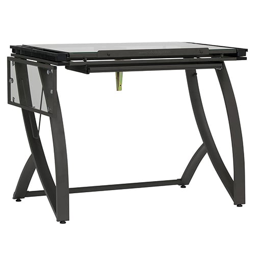 Photograph of Studio Designs Futura Luxe Drawing and Craft Table With Drawer and Folding Side Shelf - Pewter Grey and Clear Glass - 10079