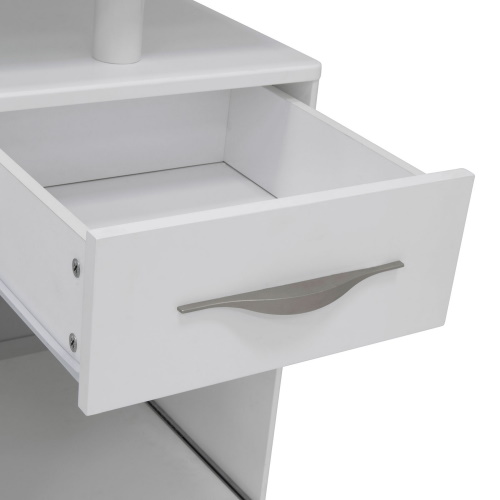 Photograph of Studio Designs Sew Ready Pro Line Sewing Machine and Office Desk with Fold-Down Top, Height Adjustable Platform, Drawer and Storage Cabinet with Slide-Out Shelf in White - 13397