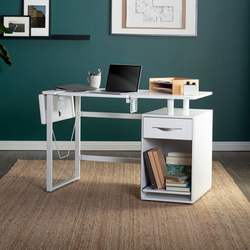 Photograph of Studio Designs Sew Ready Pro Line Sewing Machine and Office Desk with Fold-Down Top, Height Adjustable Platform, Drawer and Storage Cabinet with Slide-Out Shelf in White - 13397