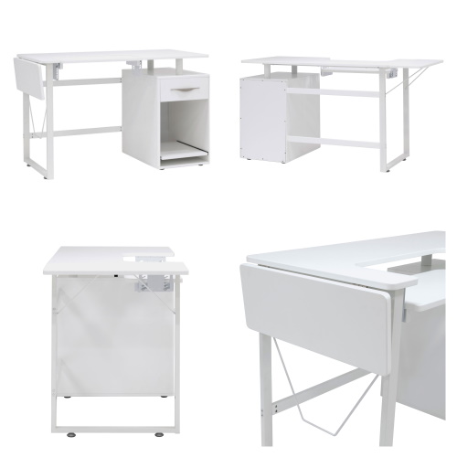 Photograph of Studio Designs Sew Ready Pro Line Sewing Machine and Office Desk with Fold-Down Top, Height Adjustable Platform, Drawer and Storage Cabinet with Slide-Out Shelf in White - 13397