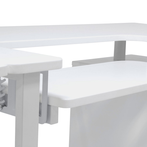 Photograph of Studio Designs Sew Ready Pro Line Sewing Machine and Office Desk with Fold-Down Top, Height Adjustable Platform, Drawer and Storage Cabinet with Slide-Out Shelf in White - 13397