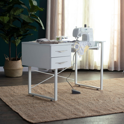 Photograph of Studio Designs Sew Ready Pro Line Paper Craft Cutting Machine, Sewing Machine, and Office Desk with 2 Drawers, Fold-Down Top and Height Adjustable Platform in White - 13398