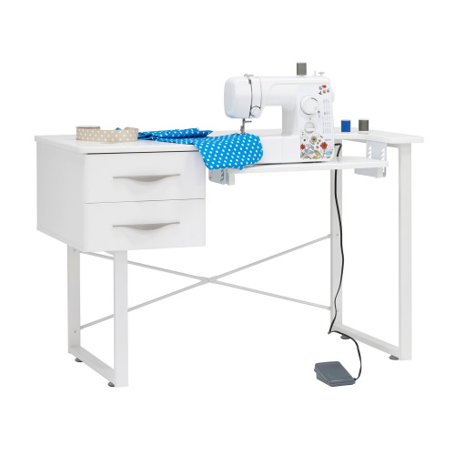 Studio Designs Sew Ready Pro Line Paper Craft Cutting Machine, Sewing Machine, and Office Desk with 2 Drawers, Fold-Down Top and Height Adjustable Platform in White - 13398