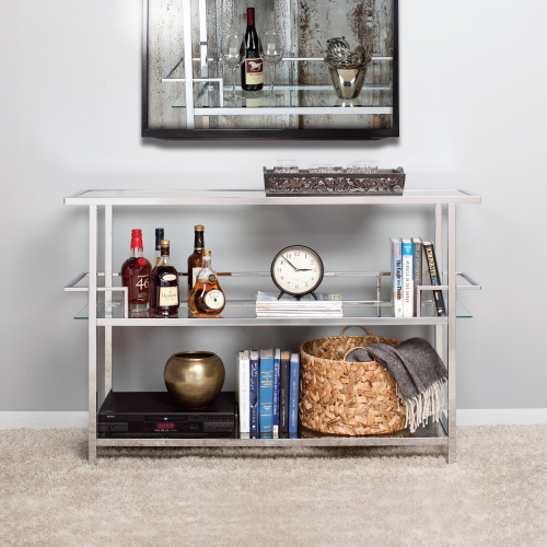 Photograph of Studio Designs Home Portico Modern 3-Tier Tempered Glass Bar Unit for Liquor or Wine Storage / Sideboard or Buffet for Kitchen and Dining Chrome 52 inches - 71005