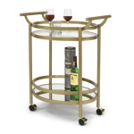 Studio Designs Home Mid Century Modern Palazzo 2-Tier Mobile Rolling Oval Bar/Serving Cart for Kitchen and Dining in Gold Metal Frame Tempered Glass and Mirror Shelf - 71024 ET12400