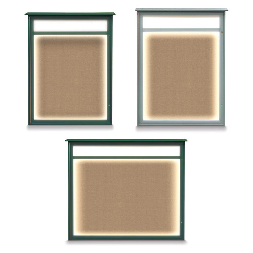  Titan Tools Illuminated Single Door Outdoor Recycled Bulletin Boards w/ Header, Buff Cork, Woodland Green Frame - (3 Sizes Available)
