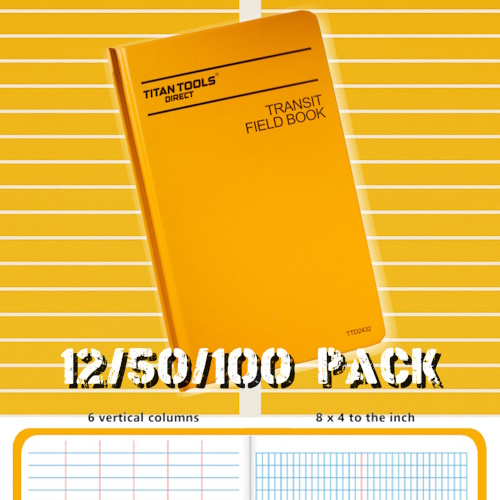 Titan Tools Transit Field Book Bundle 8" x 4" Book, 6 Vertical Columns &amp; 8×4 per Inch Grid - (3 Options Available)