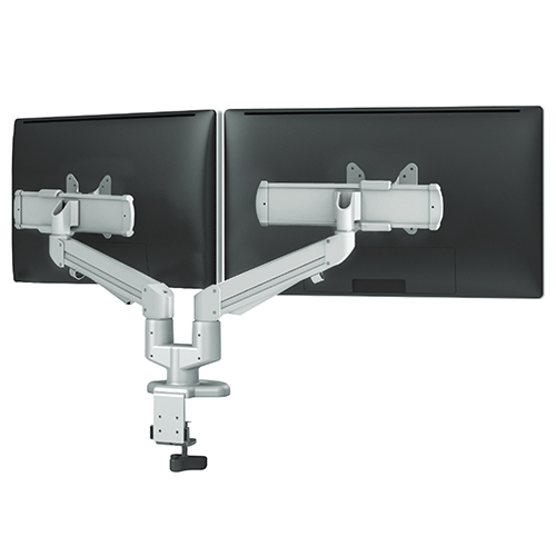 Photograph of the ESI Edge2-MS Dual Monitor Arm - EDGE2-MS-SLV is recommended for worksurfaces 30.0” deep or less.