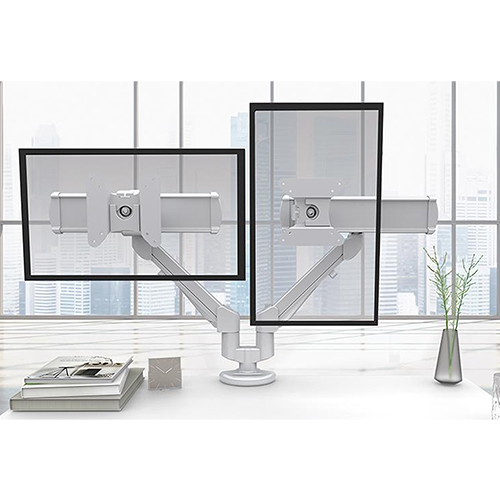 Photograph of the ESI Edge2-MS Dual Monitor Arm - EDGE2-MS-WHT is recommended for worksurfaces 30.0” deep or less.