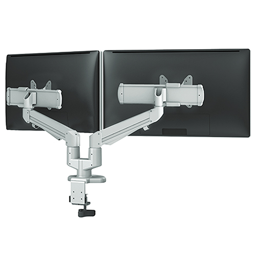 Photograph of the ESI Edge2-MS Dual Monitor Arm - EDGE2-MS-WHT is recommended for worksurfaces 30.0” deep or less.