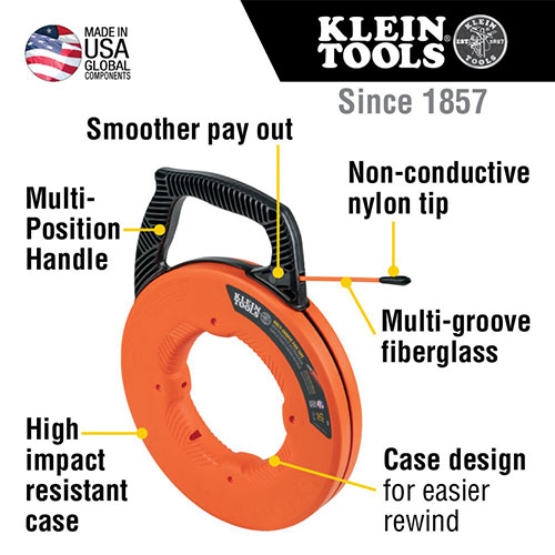 Photograph of Klein Tools 100' Multi-Groove Fiberglass Fish Tape with Nylon Tip - 56383