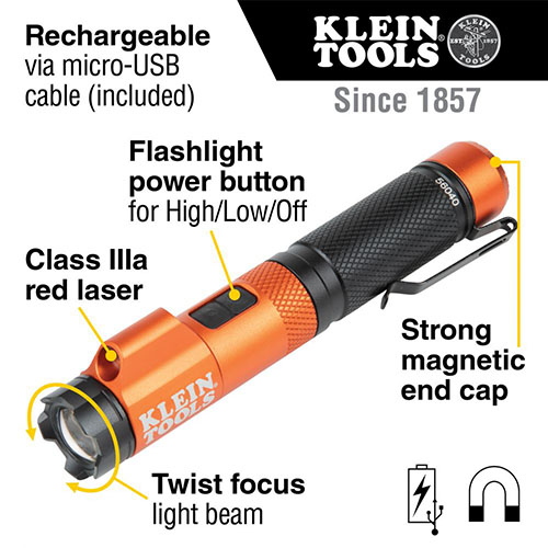 Photograph of Klein Tools Rechargeable Focus Flashlight with Laser - 56040