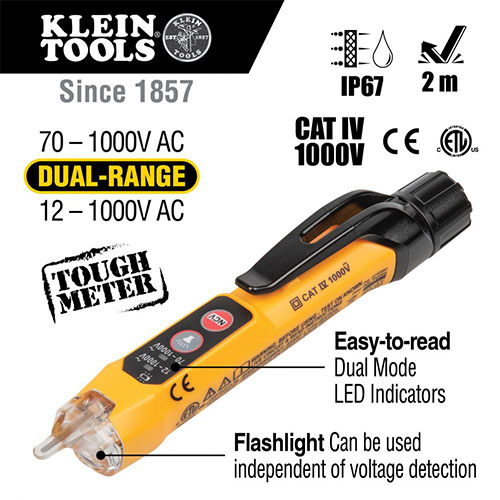 Photograph of Klein Tools 12-1000VAC Dual Range Non-Contact Voltage Tester with Flashlight - NCVT3P