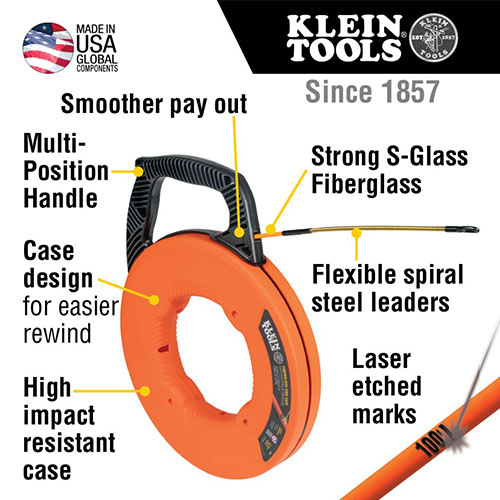 Photograph of Klein Tools 100' Fiberglass Fish Tape with Spiral Steel Leader - 56351
